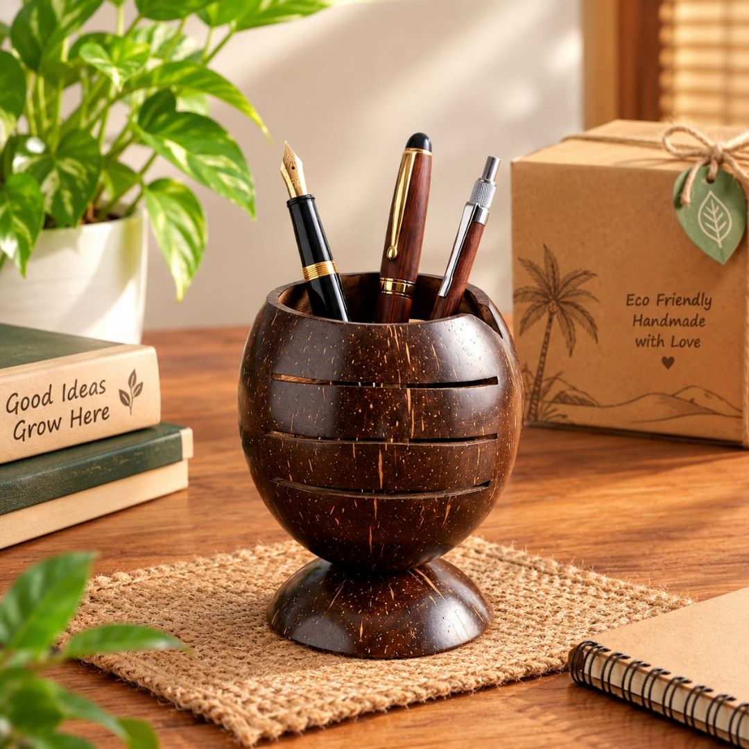 Kottravai Handmade Coconut Shell Pen Holder